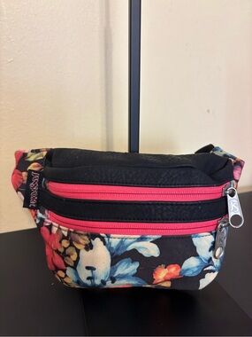 Jansport Black Floral Mini Waist Pack with Pink Zippers